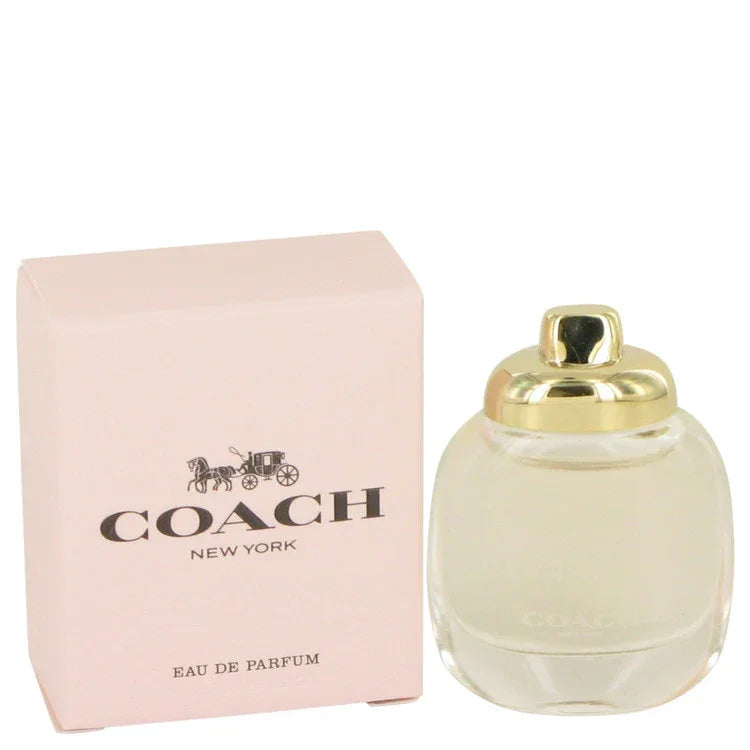 Coach Eau de Parfum bottle with gold turnlock spray cap — floral fruity women's fragrance with raspberry leaf, pear, pink pepper, Turkish rose, gardenia, cyclamen, suede, cashmeran, and sandalwood