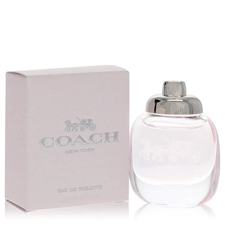 Coach Eau de Parfum bottle with gold turnlock spray cap — floral fruity women's fragrance with raspberry leaf, pear, pink pepper, Turkish rose, gardenia, cyclamen, suede, cashmeran, and sandalwood