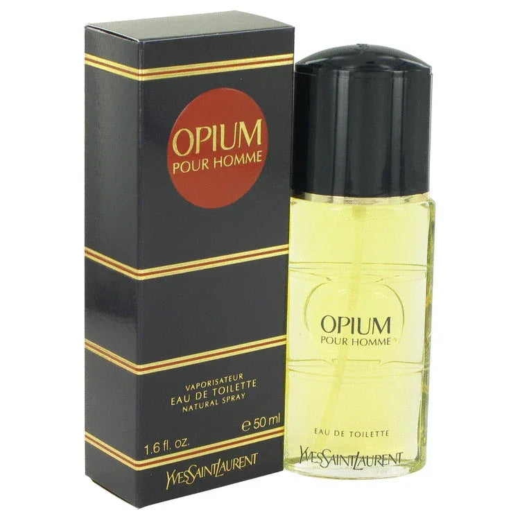 Yves Saint Laurent Opium Pour Homme Eau de Toilette signature luxury clear glass column architectural flacon displaying its deep golden amber fluid boundary layout and paired with an elegant matching cap configuration detail against a solid background