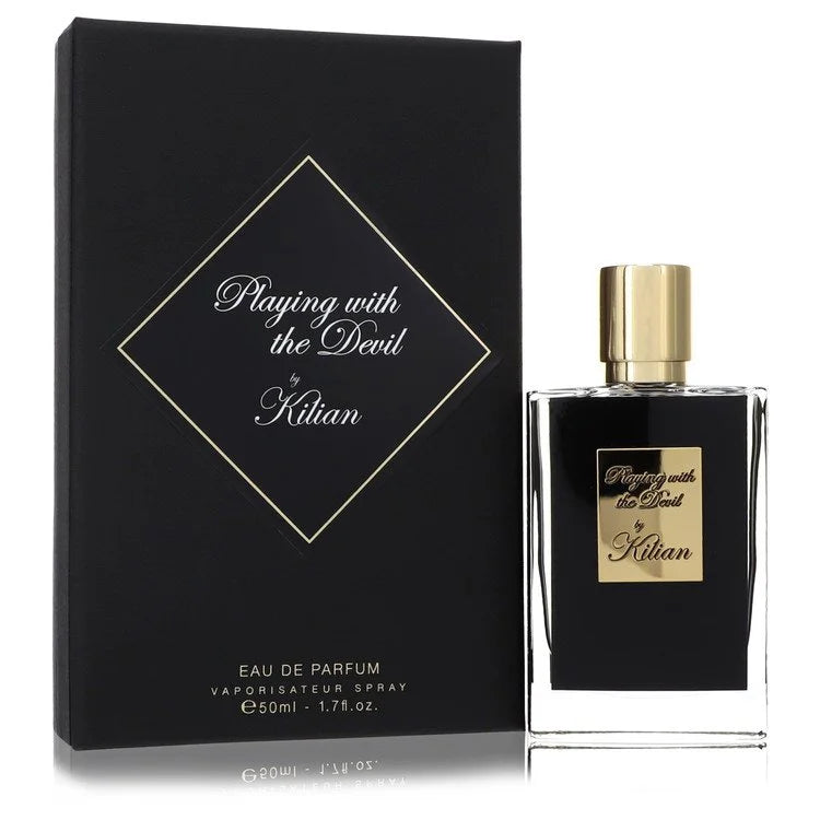 Kilian Playing with The Devil Perfume bottle — daring floral spicy woody fragrance with blood orange, lychee, pimento, pepper, rose, cedar, and sandalwood.