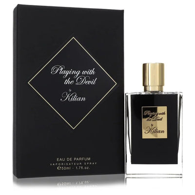 Kilian Playing with The Devil Perfume bottle — daring floral spicy woody fragrance with blood orange, lychee, pimento, pepper, rose, cedar, and sandalwood.