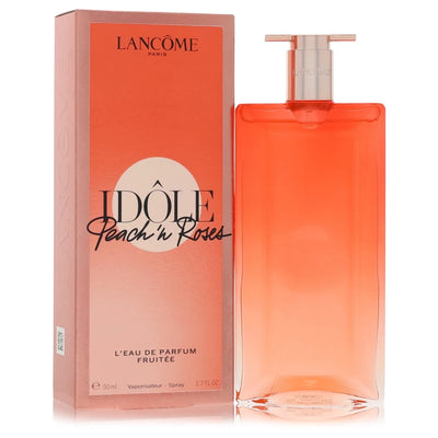 1.7oz Lancôme Idôle Peach 'N Roses bottle with sparkling red berries, natural peach extract and velvety rose