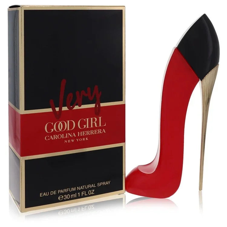 Carolina Herrera 'Very Good Girl' perfume box with a red high-heeled shoe.