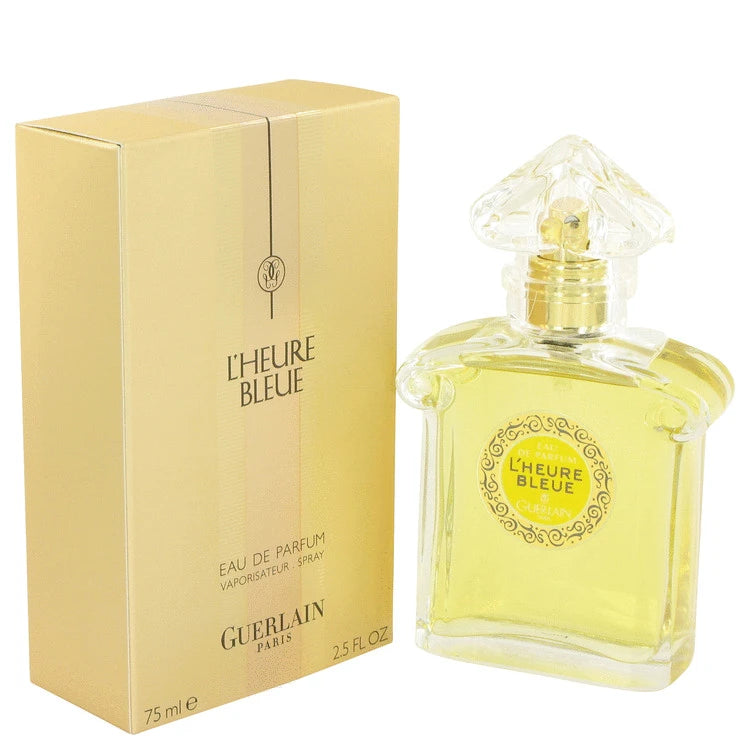 Guerlain L'Heure Bleue perfume bottle and packaging on a white background