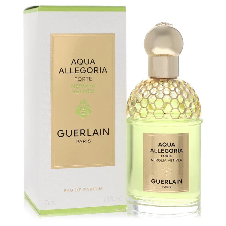 Guerlain Aqua Allegoria Forte Nerolia Vetiver perfume bottle and packaging on a white background