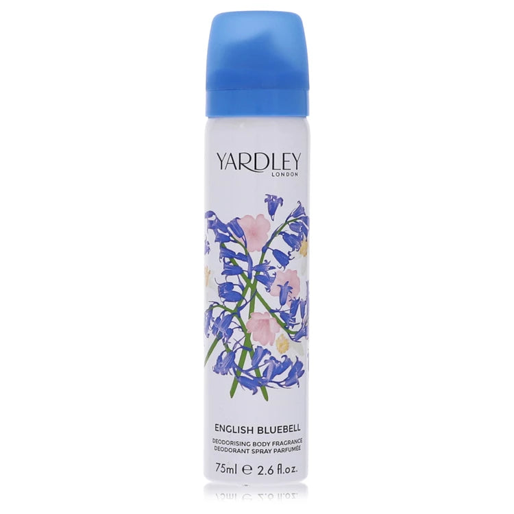 Yardley English Bluebell deodorant spray bottle on a white background
