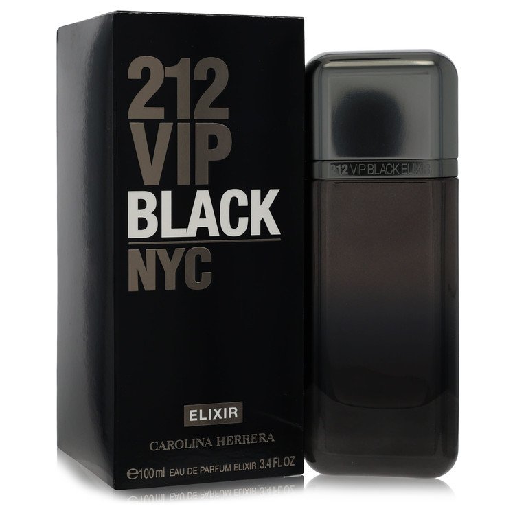 3.4 oz 212 VIP Black Elixir Cologne by Carolina Herrera bottle — amber gourmand woody men's cologne with bergamot, spicy notes, lavender, dark chocolate accord, vanilla, patchouli, and cedarwood notes.