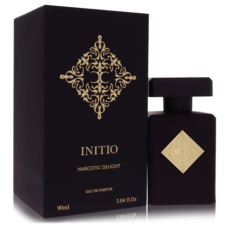 Black perfume bottle and packaging with gold accents featuring the brand 'Initio'.