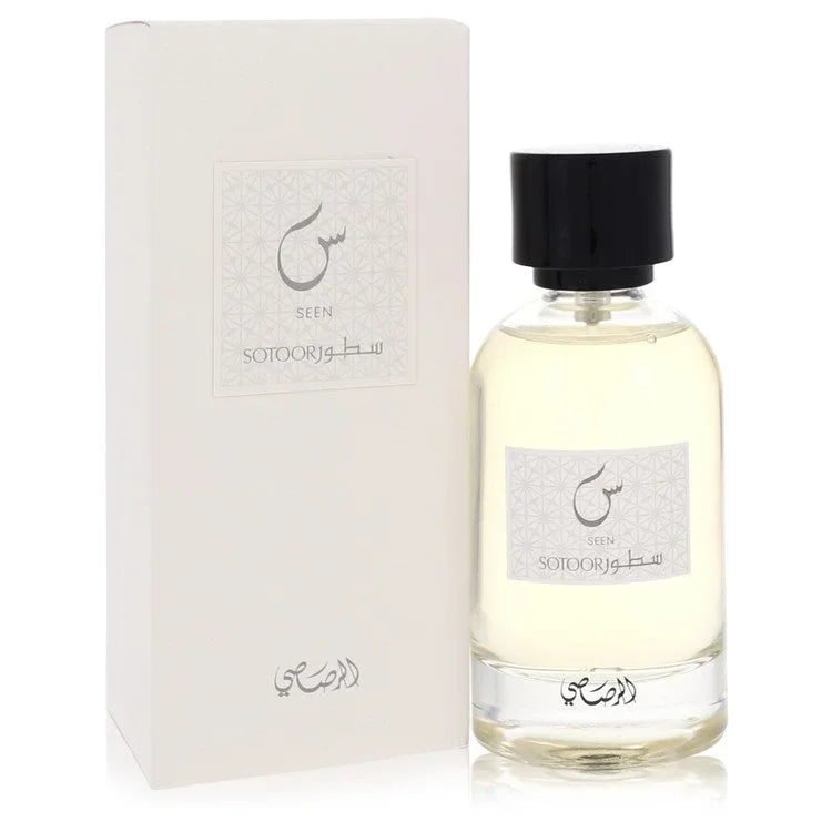 Perfume bottle and packaging with 'Seen' branding on a white background