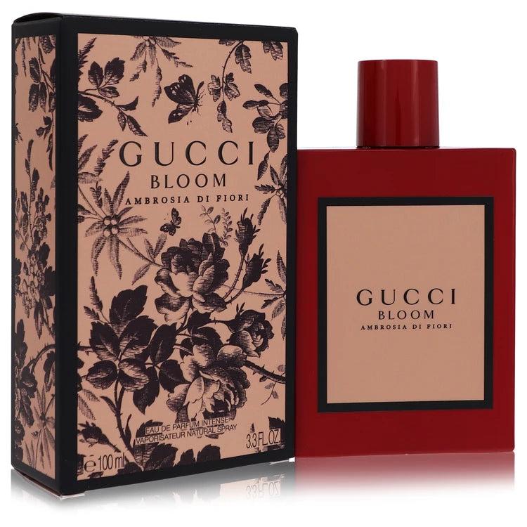 Gucci Bloom Ambrosia di Fiori perfume bottle and packaging with floral design