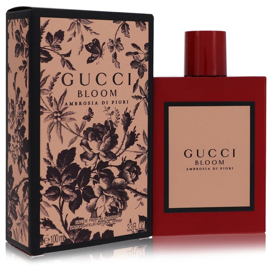 Gucci Bloom Ambrosia di Fiori perfume bottle and packaging with floral design