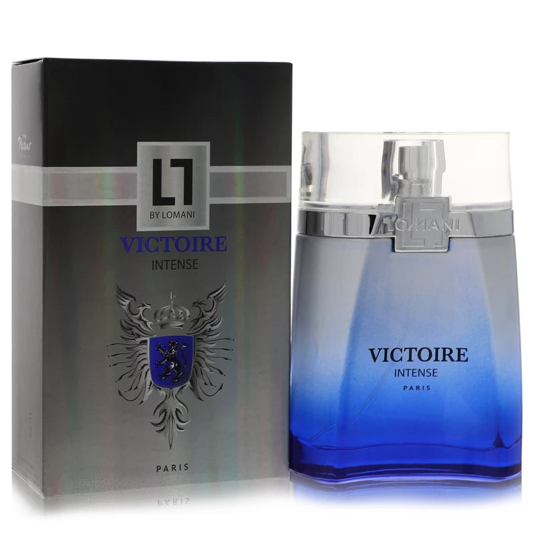 Victoire Intense Cologne by Lomani bottle and box, woody spicy aromatic men’s fragrance