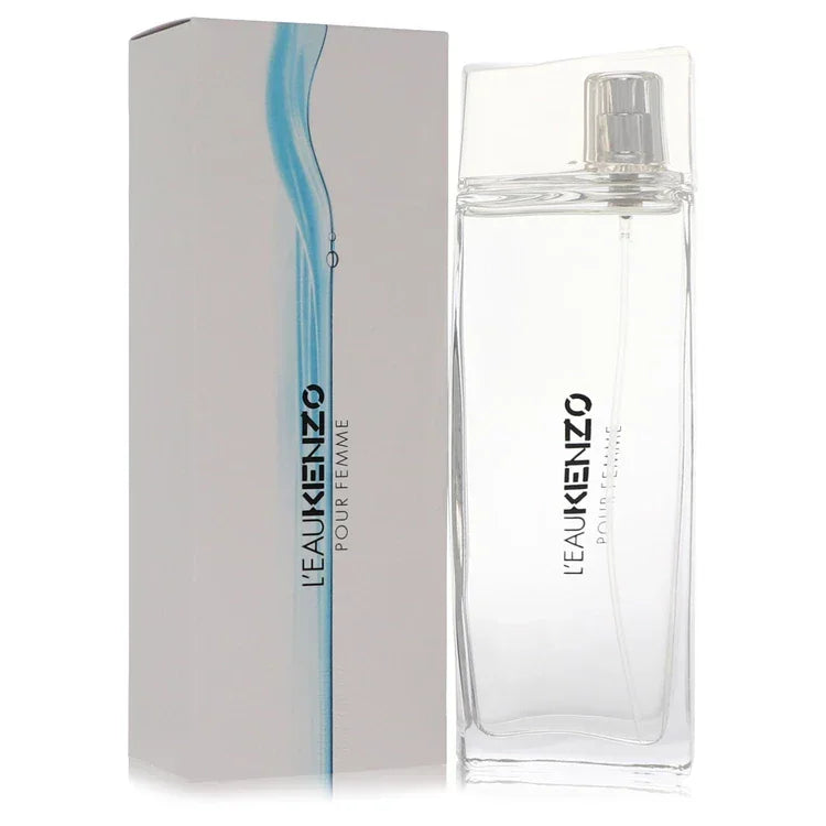 L'eau Kenzo Perfume Pour Femme signature luxury clear glass flacon with elegant fluid wave contours mimicking moving water architecture, displaying precise typographic labels, and paired with a clear crystalline capping architecture detail against a solid backdrop