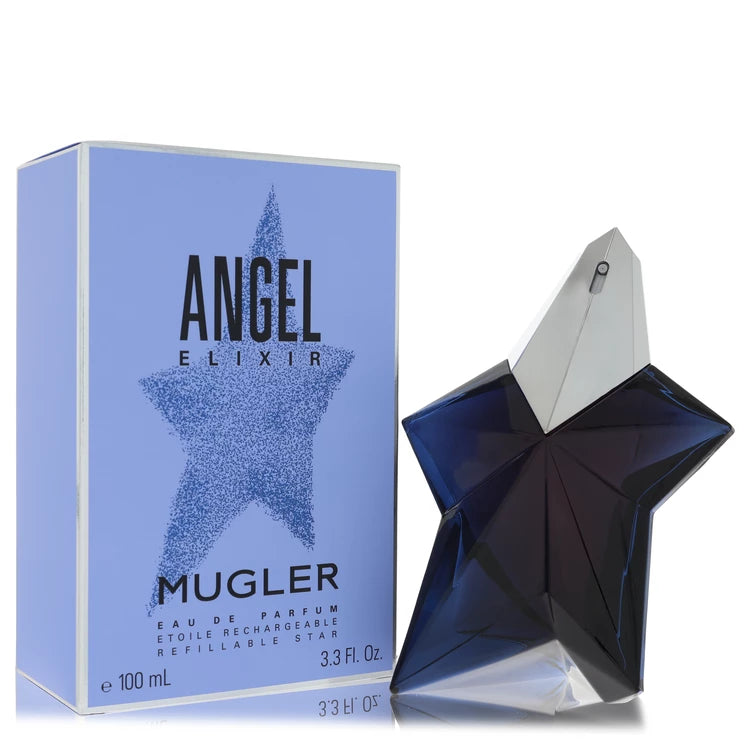 Mugler Angel Elixir perfume bottle and packaging on a white background