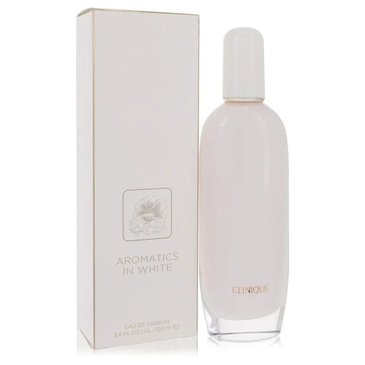 Clinique Aromatics In White bottle — luminous floral woody women's perfume with aldehydes, dewy rose, white peony, and sandalwood notes.