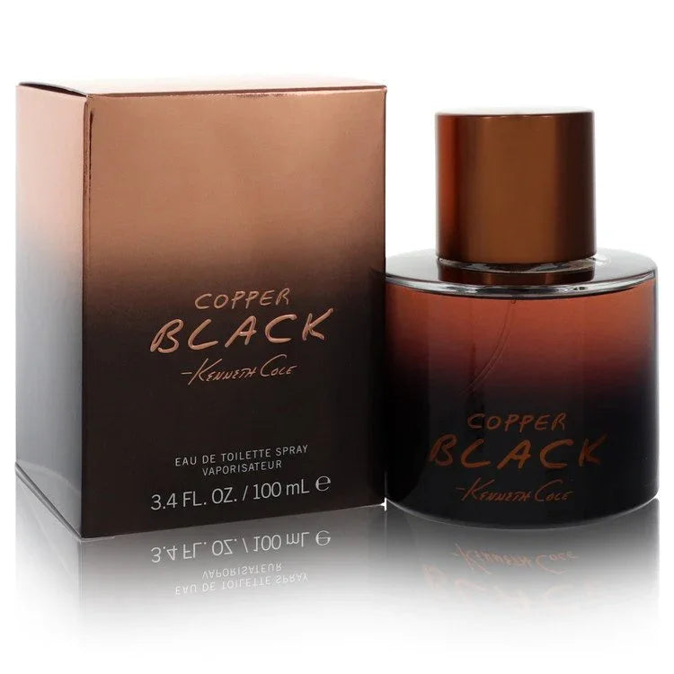 Copper Black perfume bottle and packaging on a white background