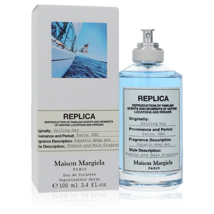 Replica Sailing Day Cologne bottle — fresh woody aquatic fragrance with aquatic accord, juniper essence, coriander essence, red seaweed essence, and ambergris accord.