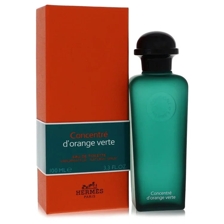 Hermes Concentre d'Orange Verte perfume bottle and packaging on a white background