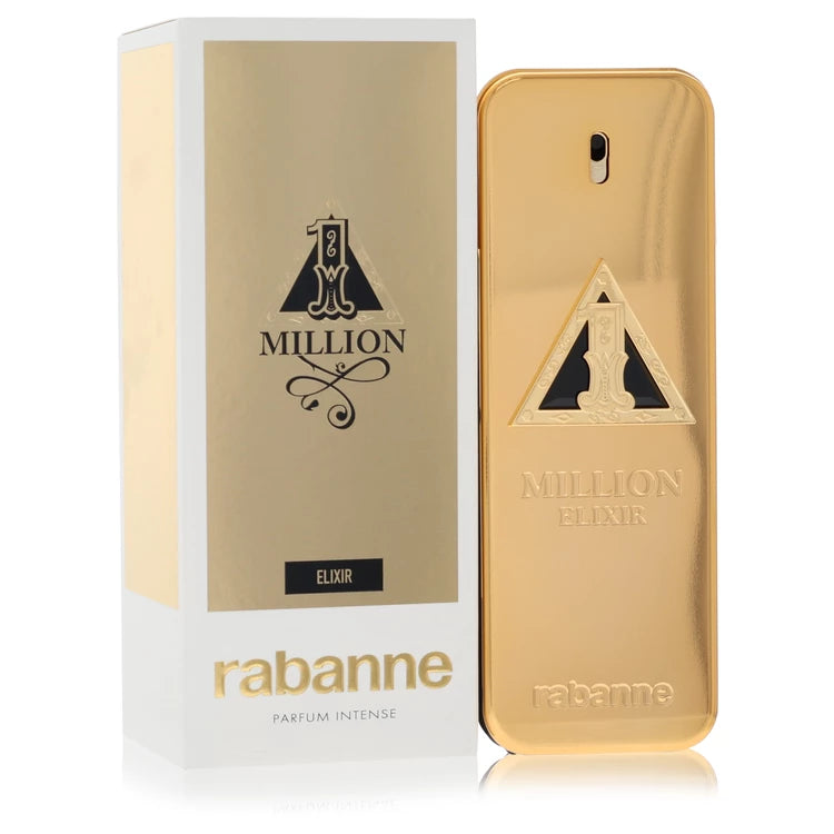 Paco Rabanne 1 Million Elixir Parfum bottle in gold ingot with black gemstone — amber gourmand fragrance with apple, davana, rose, and vanilla.