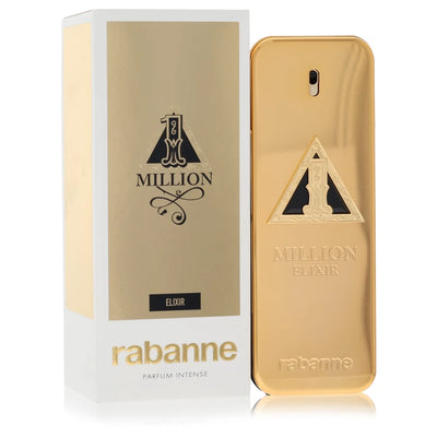 Paco Rabanne 1 Million Elixir Parfum bottle in gold ingot with black gemstone — amber gourmand fragrance with apple, davana, rose, and vanilla.