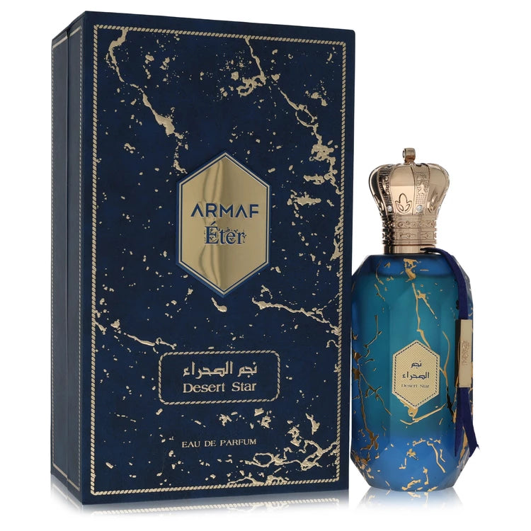 Armaf Eter Desert Star Perfume luxury signature heavy architectural flacon displaying its premium design lines, unique label formatting, and modern capping work against a clean backdrop