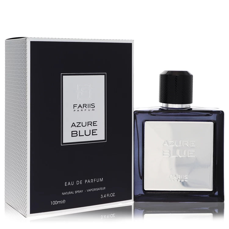 Fariis Azure Blue cologne bottle for men — Invigorating spicy fragrance with mint, pink pepper, ginger, and cedarwood notes