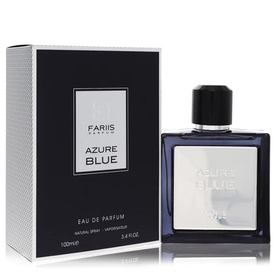 Fariis Azure Blue cologne bottle for men — Invigorating spicy fragrance with mint, pink pepper, ginger, and cedarwood notes