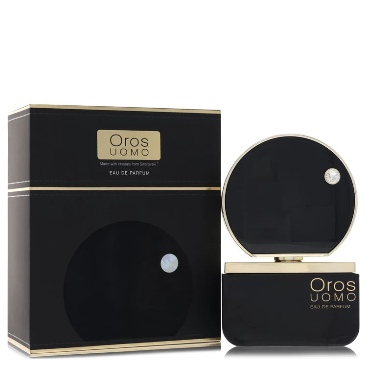 Armaf Oros Uomo Eau de Parfum bottle — woody aromatic amber cologne for men with bergamot, lemon, aromatic notes, lavender, spices, floral notes, cedarwood, sandalwood, amber, and musk notes.
