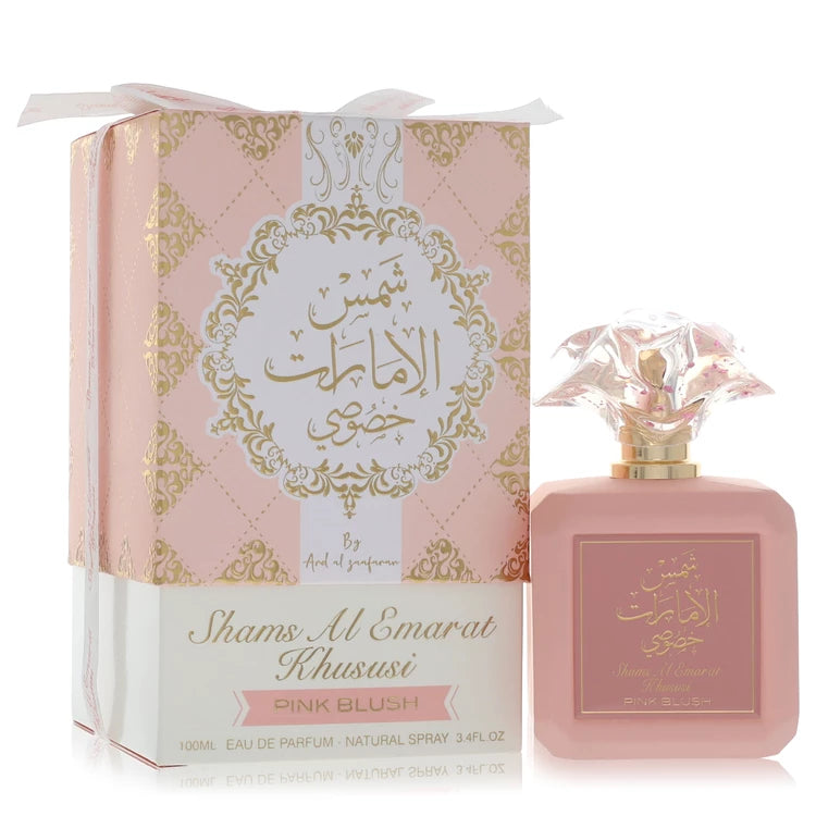 Ard Al Zaafaran Pink Blush Shams Al Emarat Khususi Eau de Parfum bottle - women's fruity floral gourmand perfume with raspberry, marshmallow, coconut, and vanilla