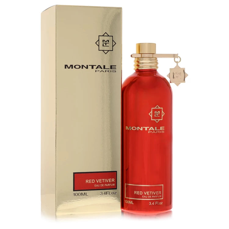 Montale Red Vetiver Cologne bottle — woody aromatic men’s Eau de Parfum with bergamot, orange, black pepper, geranium, patchouli, rose, jasmine, oakmoss, cedarwood, vetiver, and white musk.