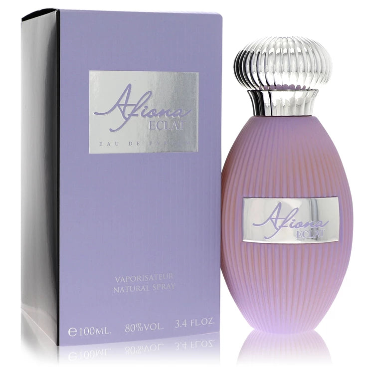 Purple Afiana Eclat perfume bottle and packaging on a white background