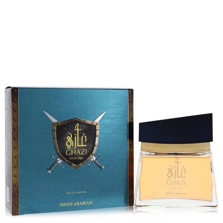 An authentic heavy glass bottle of Swiss Arabian Ghazi Oud Cologne displaying its majestic golden details, refined Arabic calligraphy, and rich amber juice.
