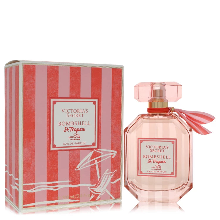 Victoria's Secret Bombshell St. Tropez perfume bottle and packaging on a white background