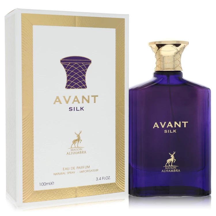 Maison Alhambra Avant Silk perfume bottle — floral woody fragrance with citrus, saffron, myrrh, tuberose, orange flower, cypriol, patchouli, amber, vanilla, musk, and cedarwood notes