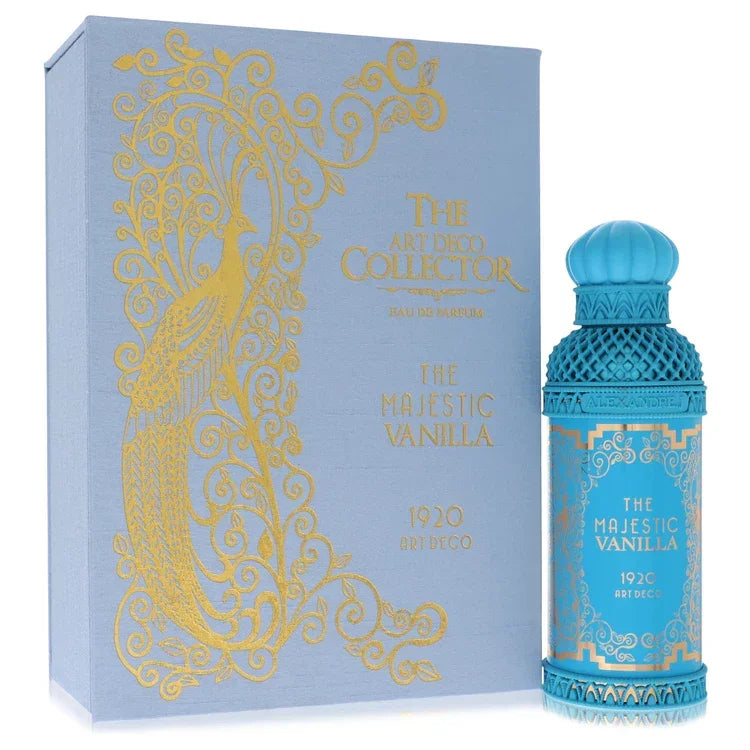 Blue perfume bottle and packaging with intricate gold designs on a white background