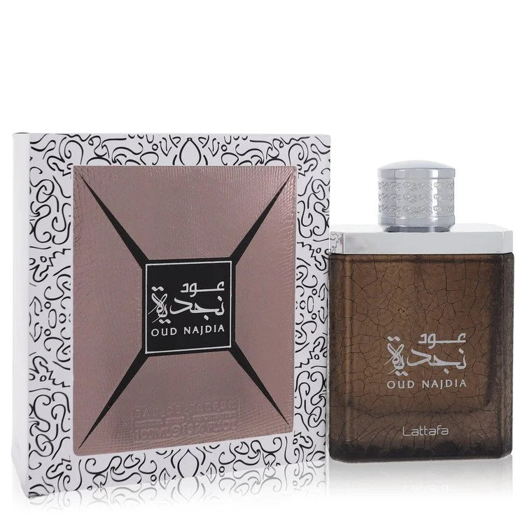 Lattafa Oud Najdia Eau de Parfum elegant contemporary bottle with clean lines and striking accents, a captivating, rich oriental woody Middle Eastern fragrance for men and women.