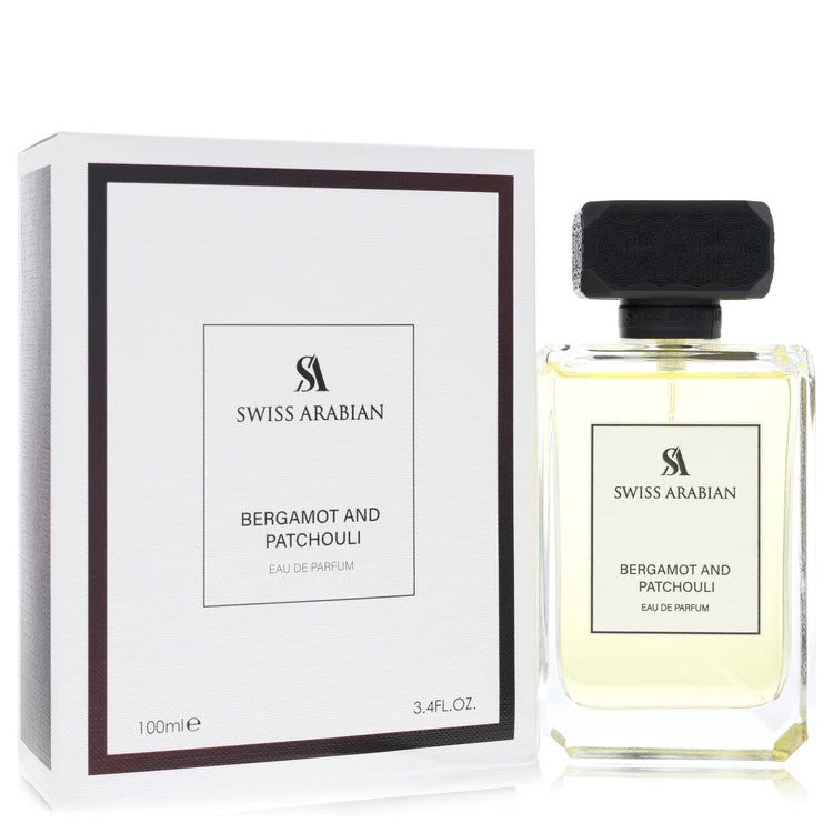 Swiss Arabian Bergamot and Patchouli perfume bottle and packaging on a white background