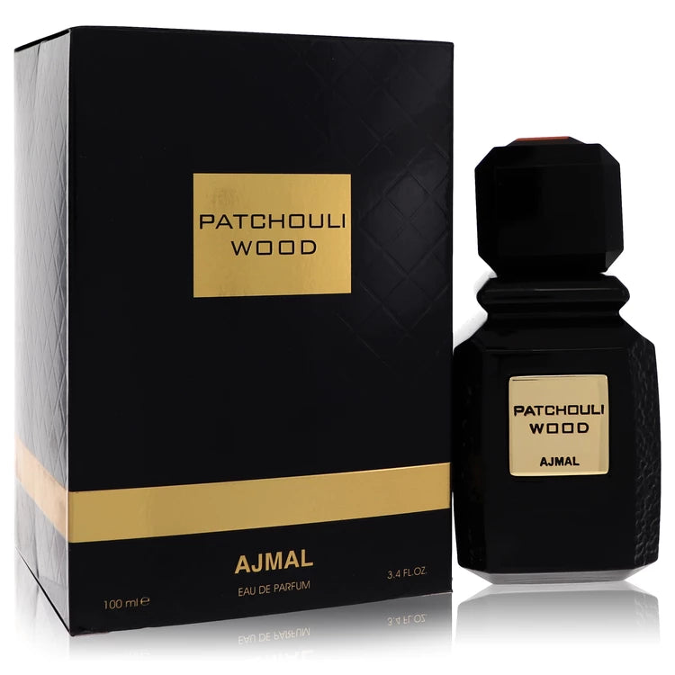 AJMAL Patchouli Wood perfume bottle and packaging on a white background