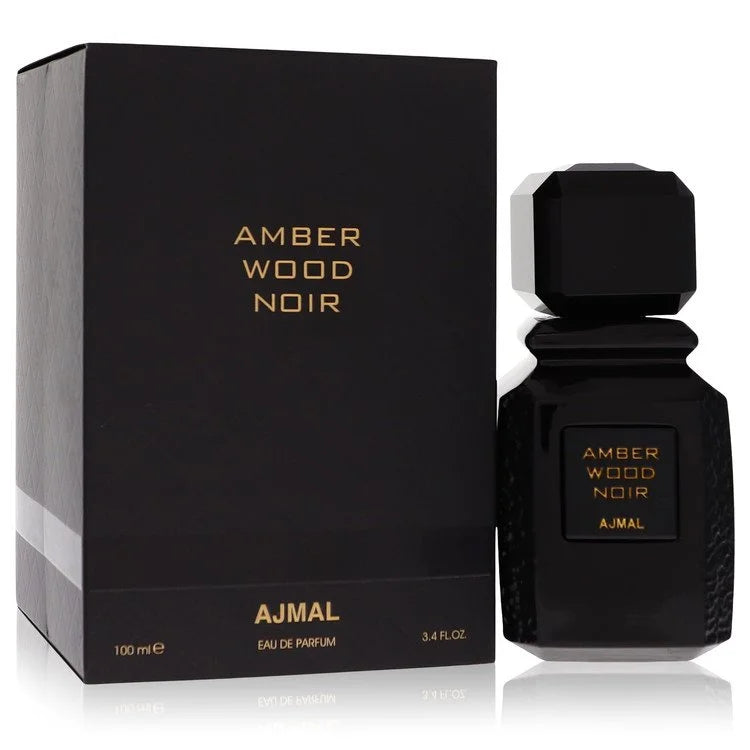 AJMAL Amber Wood Noir perfume bottle and packaging on a white background