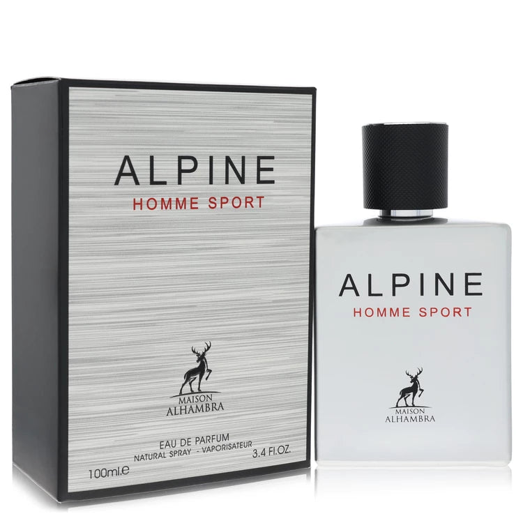 Alpine Homme Sport Eau de Parfum by Maison Alhambra, shown with its silver and black textured box and the clear glass spray bottle with a black cap on a white background.