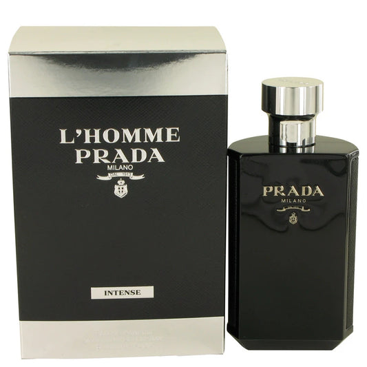 Prada L'Homme Intense perfume bottle and packaging on a white background