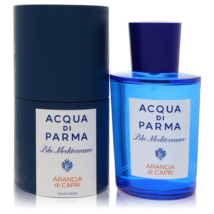 Blue Acqua di Parma perfume bottle and packaging on a white background