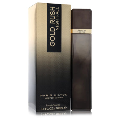 Paris Hilton Gold Rush Nightfall Eau de Toilette bottle — spicy amber woody men's cologne with bergamot, pepper, spiced amber, woody notes, musk, and vanilla.