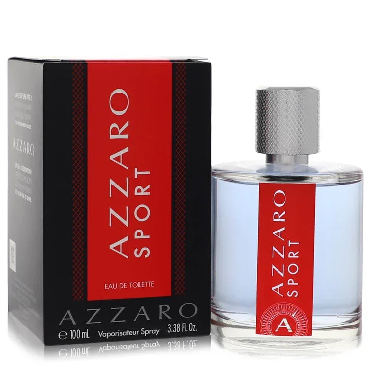 Azzaro Sport Eau de Toilette 3.4oz spray bottle and box with red and black design.