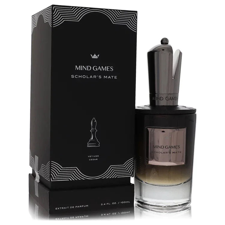 Perfume bottle and packaging of 'Mind Games Scholar's Mate' on a white background