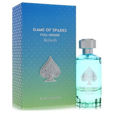 Jo Milano Game of Spades Full House Refresh Parfum bottle — fresh aquatic fruity gourmand unisex perfume with bergamot, cucumber, watermelon, vanilla, caramel, and tonka bean notes.