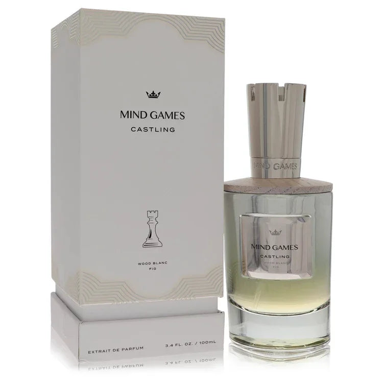 Perfume bottle and packaging of 'Mind Games' by Castling on a white background