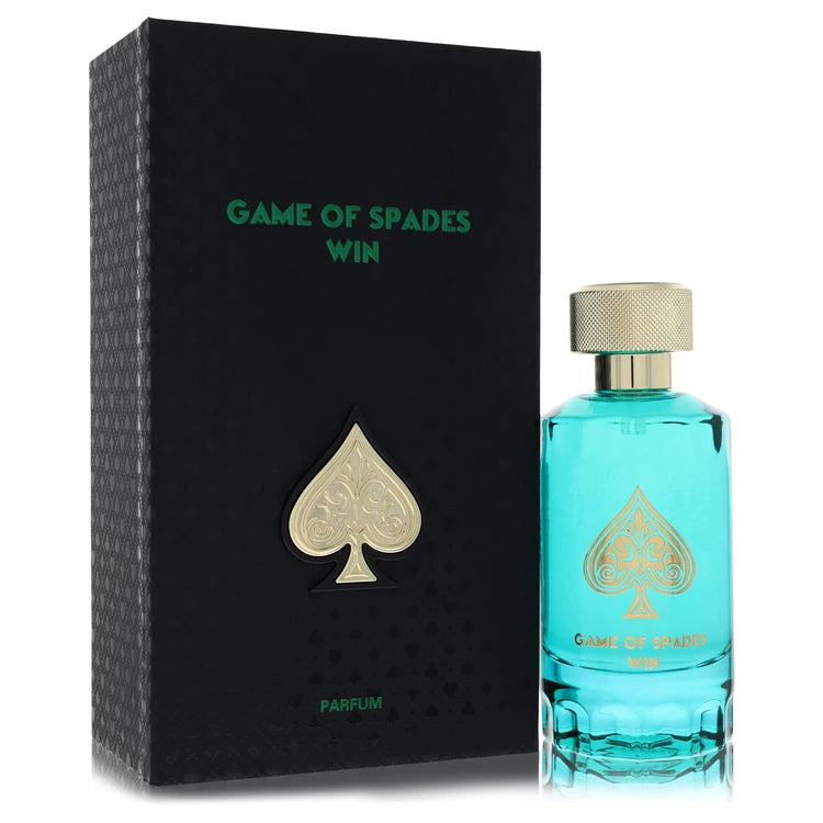 Jo Milano Game of Spades Win Parfum bottle — luminous floral fruity gourmand unisex perfume with litchi, cassis, mandarin orange, peony, water lily, jasmine, ambroxan, praline, vanilla, musk, and oakmoss notes.