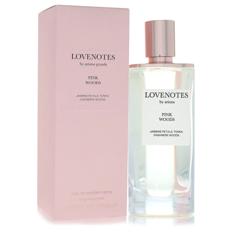 LOVENOTES by Ariana Grande Pink Woods perfume bottle and packaging on a white background