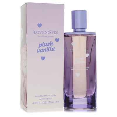 Ariana Grande Lovenotes Plush Vanilla luxury perfume bottle — dreamy gourmand floral oriental fragrance featuring peach, bergamot, heliotrope, jasmine, rich vanilla, sandalwood, and musk notes